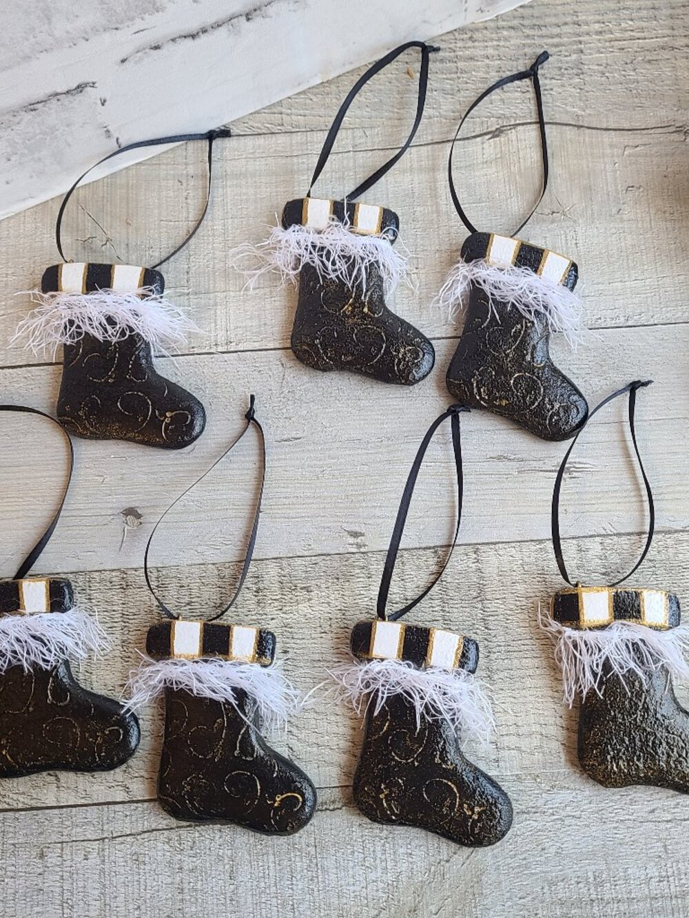 Checked Christmas Tree Ornaments Set of 7 Black and White Check Stocking Decor